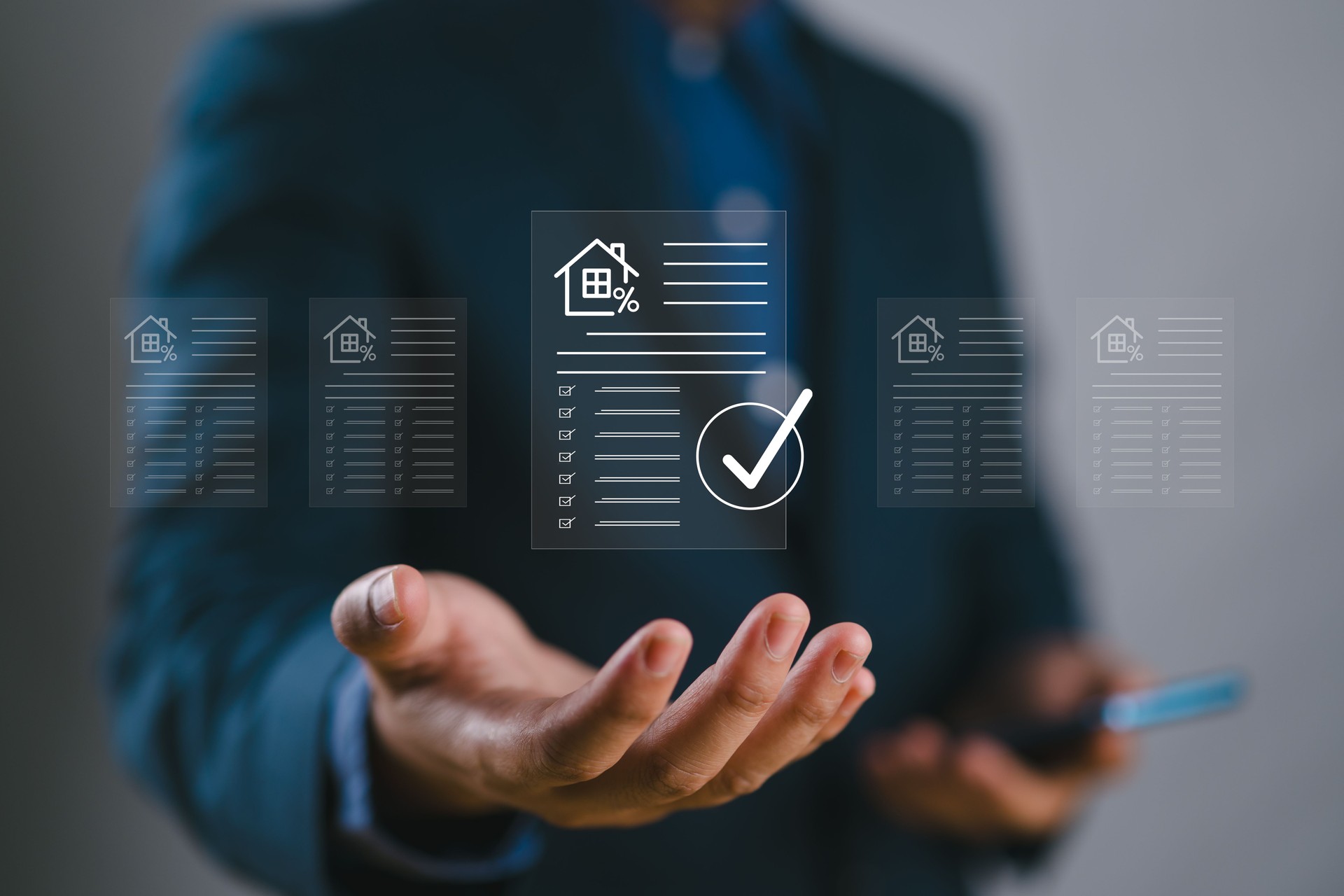 Real estate offers for sale and house for rent concept. Businessman use tablet to analyzing mortgage loan home for planning to buy or rent property.