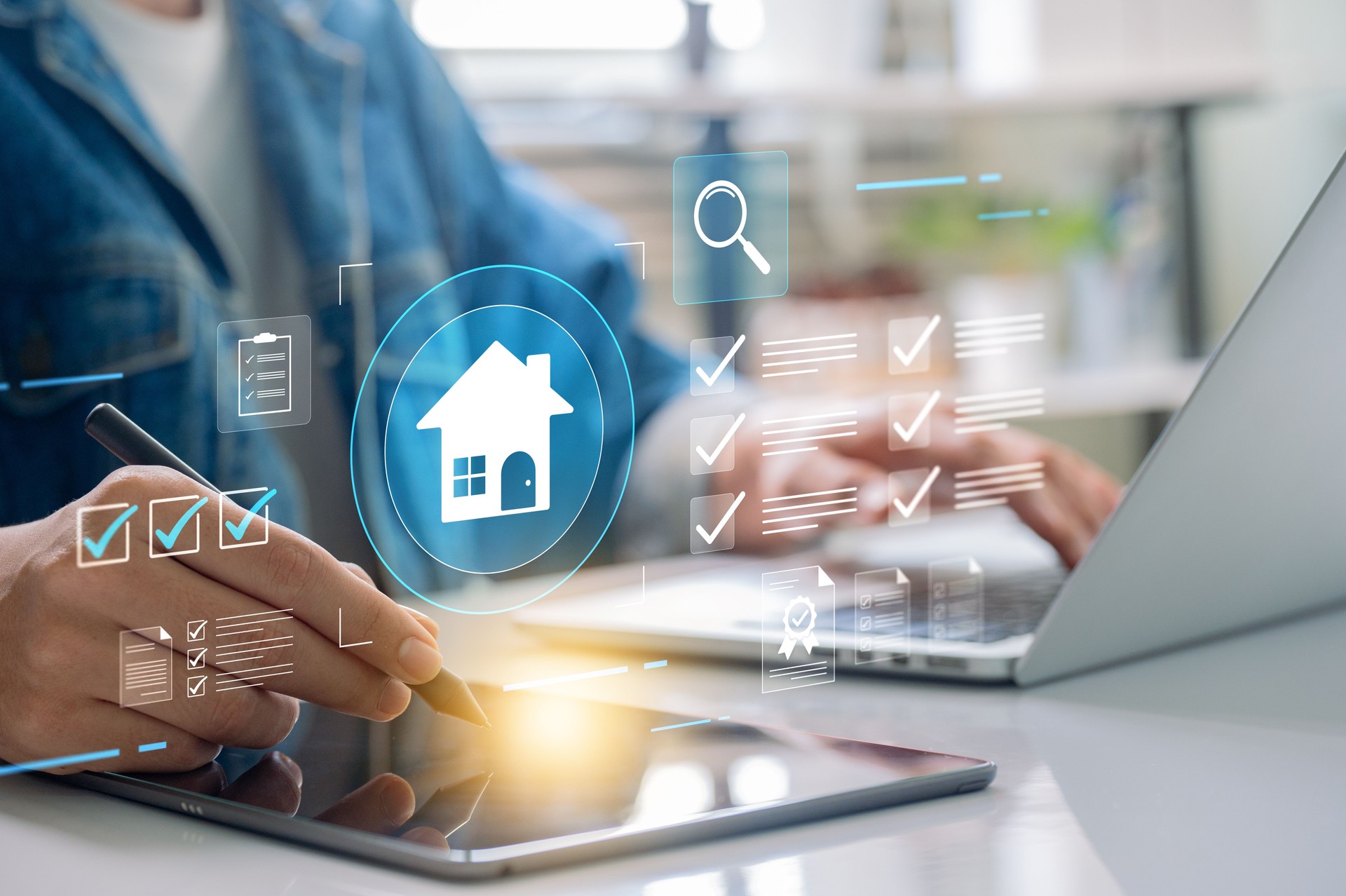 Real estate management. using a tablet to manage real estate tasks with interactive digital checklists, housing icons, and investment tools for efficient property management and project organization.