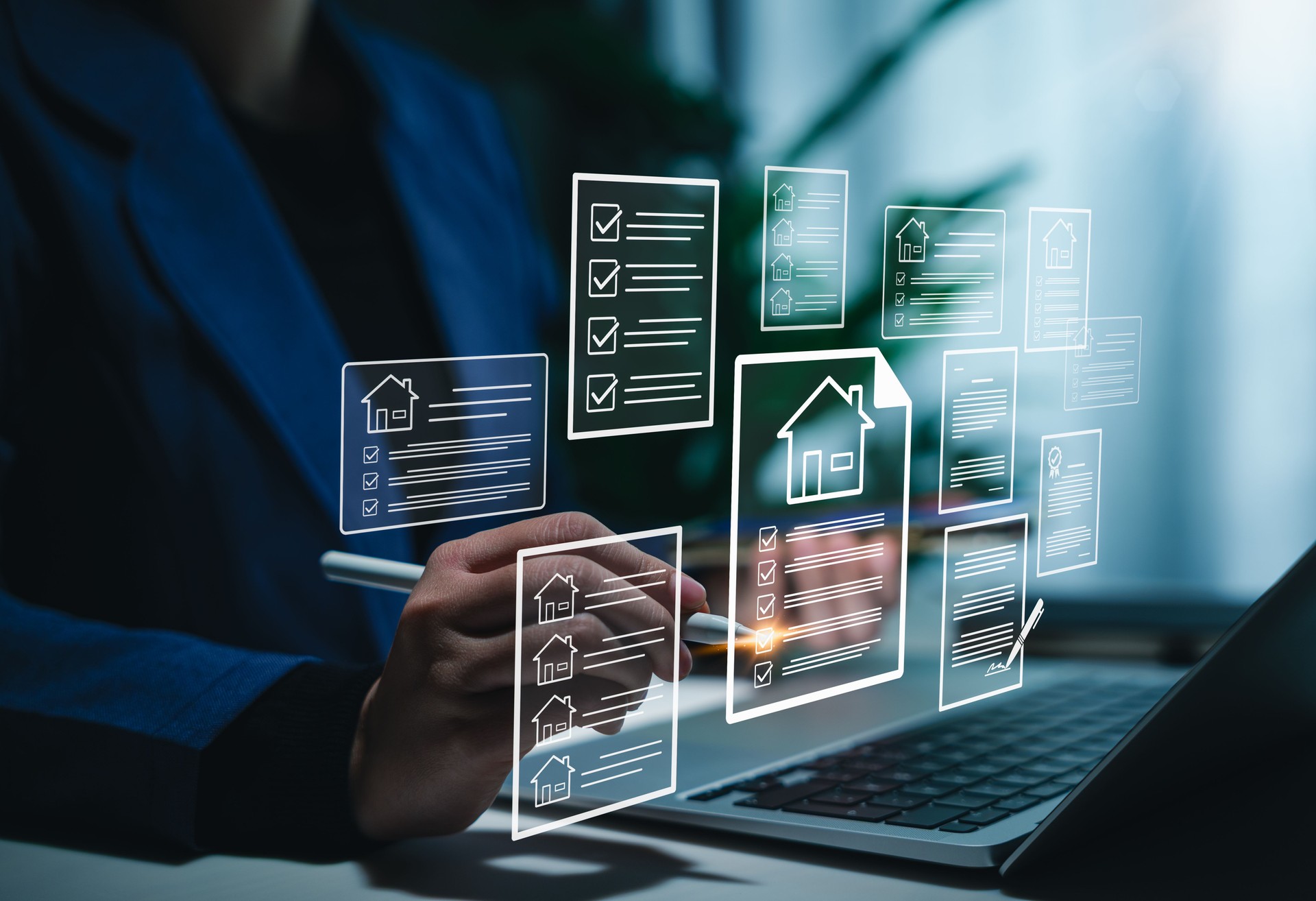 Real estate checklist and property management concept. Person working with icons of houses and checklists, real estate property management, evaluation, housing inspection, and task tracking processes.